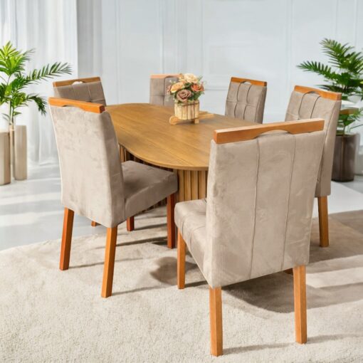 MESA ISIS 1,80m FREIJÓ COM 6 CADEIRAS SOPHIA VELUDO – LEIFER + WM DECOR