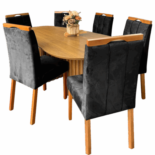 MESA ISIS 1,80m FREIJÓ COM 6 CADEIRAS SOPHIA VELUDO – LEIFER + WM DECOR