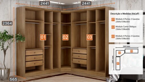 GUARDA-ROUPA MODULADO RIZON 001 (DOIS MÓDULOS 4 PORTAS + UM MÓDULO CANTO OBLÍQUO) – NOVO HORIZONTE