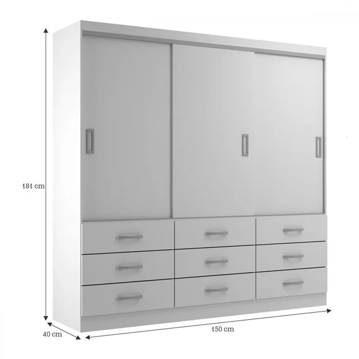 GUARDA ROUPA ISABELA 1.50 C/ 3 PORTAS E 9 GAVETAS E ESPELHO – EVIDÊNCIA