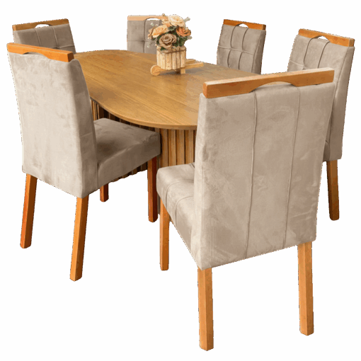 MESA ISIS 1,80m FREIJÓ COM 6 CADEIRAS SOPHIA VELUDO – LEIFER + WM DECOR