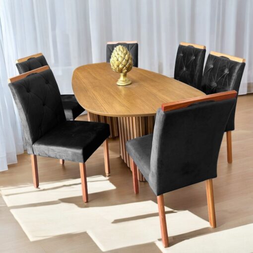 MESA ISIS 1,80m FREIJÓ COM 6 CADEIRAS SOPHIA VELUDO – LEIFER + WM DECOR