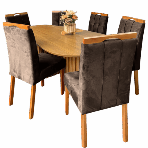 MESA ISIS 1,80m FREIJÓ COM 6 CADEIRAS SOPHIA VELUDO – LEIFER + WM DECOR