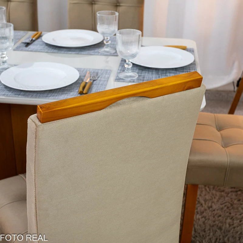 MESA DE JANTAR MOSCOU 160X80 VIDRO OFF/BASE CINAMOMO + 6 CAD. LONDRES VELUDO MADEIRA MINAS PLAC