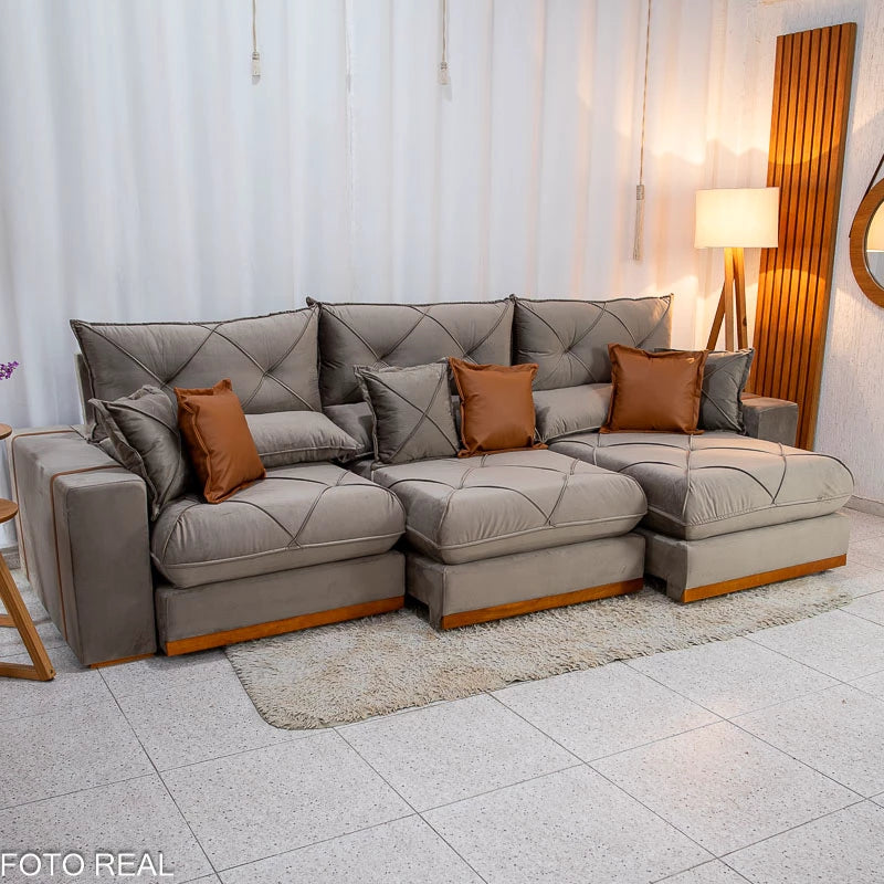 SOFÁ RETRÁTIL RECLINÁVEL GRAN BELLO 3.20M VELUDO - MOLAS ENSACADAS