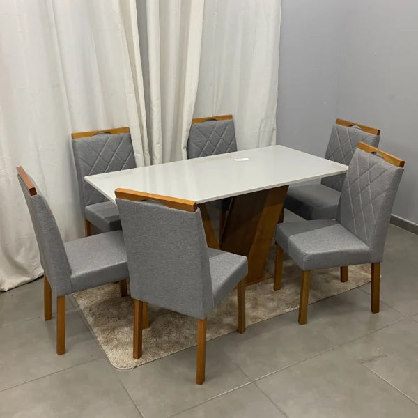 MESA DE JANTAR CLASSIC 160X80CM COM VIDRO E 6 CADEIRAS CALIFORNIA EM LINHO ESTOFADAS – CEL MÓVEIS