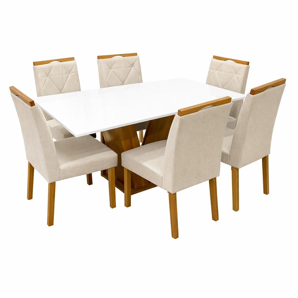 MESA DE JANTAR CLASSIC 160X80CM COM VIDRO E 6 CADEIRAS CALIFORNIA EM LINHO ESTOFADAS – CEL MÓVEIS