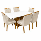 MESA DE JANTAR CLASSIC 160X80CM COM VIDRO E 6 CADEIRAS CALIFORNIA EM LINHO ESTOFADAS – CEL MÓVEIS