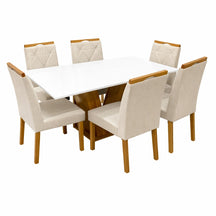 MESA DE JANTAR CLASSIC 160X80CM COM VIDRO E 6 CADEIRAS CALIFORNIA EM LINHO ESTOFADAS – CEL MÓVEIS