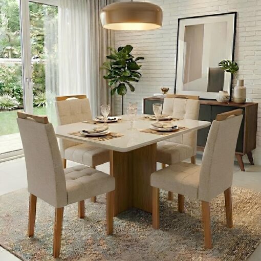 MESA SALINAS/HELÔ/LOS ANGELES 120 CINAMOMO/OFF WHITE COM 4 CADEIRAS SOPHIA LINHO