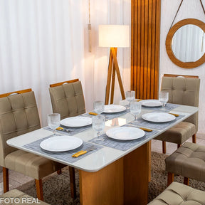 MESA DE JANTAR MOSCOU 160X80 VIDRO OFF/BASE CINAMOMO + 6 CAD. LONDRES VELUDO MADEIRA MINAS PLAC