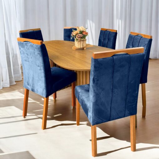 MESA ISIS 1,80m FREIJÓ COM 6 CADEIRAS SOPHIA VELUDO  – LEIFER + WM DECOR