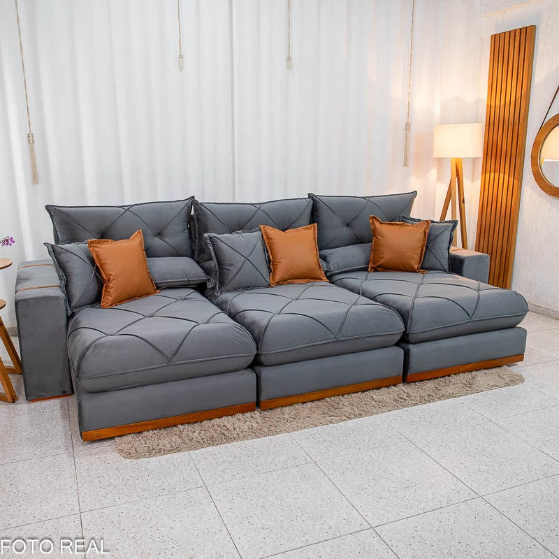 SOFÁ RETRÁTIL RECLINÁVEL GRAN BELLO 3.20M VELUDO - MOLAS ENSACADAS