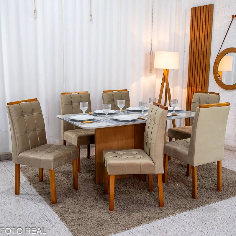 MESA DE JANTAR MOSCOU 160X80 VIDRO OFF/BASE CINAMOMO + 6 CAD. LONDRES VELUDO MADEIRA MINAS PLAC