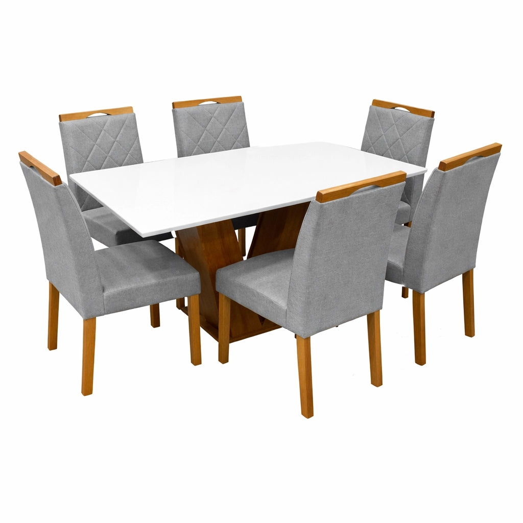 MESA DE JANTAR CLASSIC 160X80CM COM VIDRO E 6 CADEIRAS CALIFORNIA EM LINHO ESTOFADAS – CEL MÓVEIS