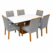 MESA DE JANTAR CLASSIC 160X80CM COM VIDRO E 6 CADEIRAS CALIFORNIA EM LINHO ESTOFADAS – CEL MÓVEIS