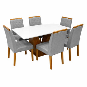 MESA DE JANTAR CLASSIC 160X80CM COM VIDRO E 6 CADEIRAS CALIFORNIA EM LINHO ESTOFADAS – CEL MÓVEIS